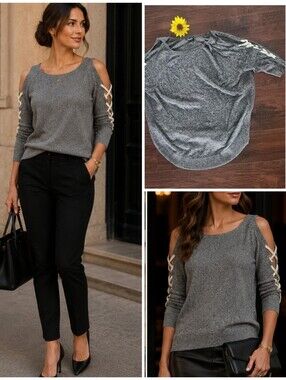 Express Gray Cold-Shoulder Knit Top with Lace-Up Sleeves